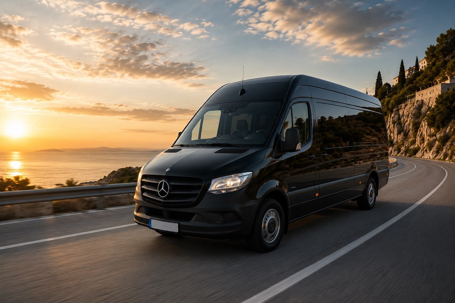 Black Mercedes-Benz Sprinter luxury minibus driving along a scenic Greek coastal road at sunset