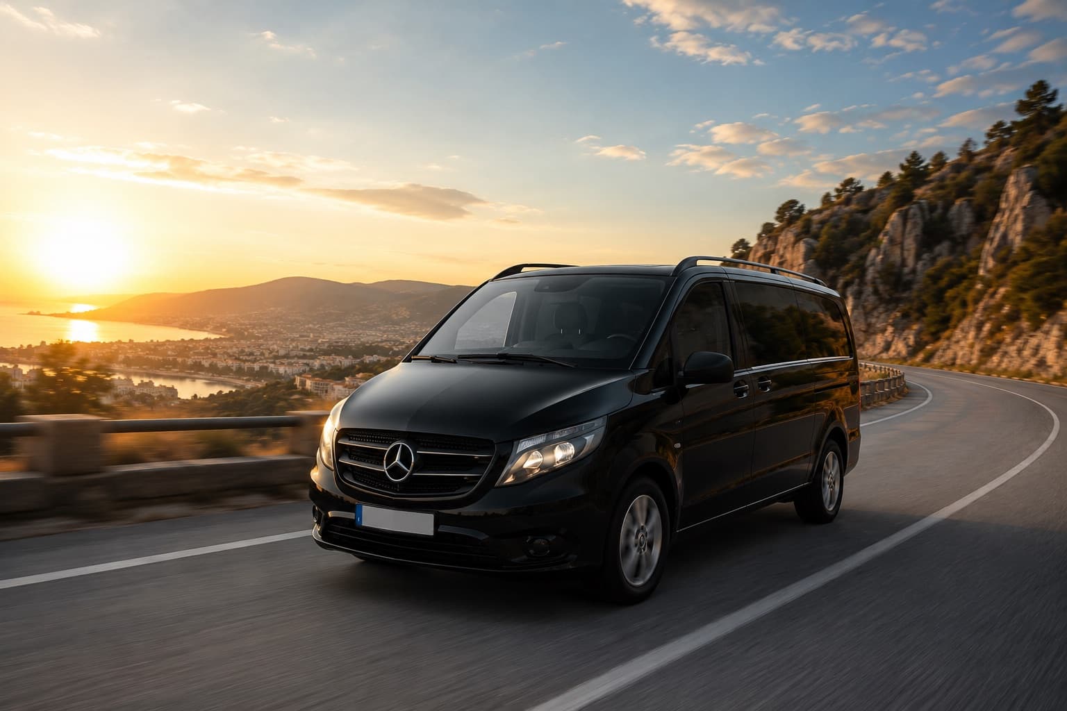 Black Mercedes luxury van driving along a scenic Greek coastal road at sunset