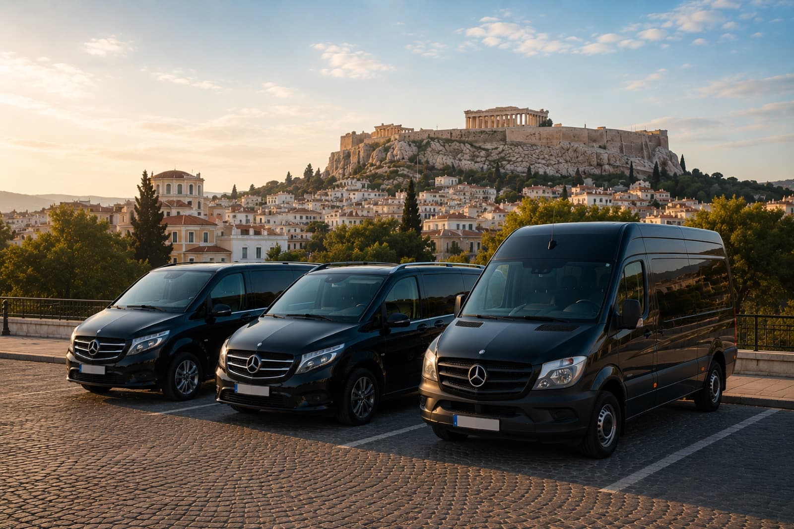 Black Mercedes vans and a Sprinter parked below the Acropolis of Athens at golden hour