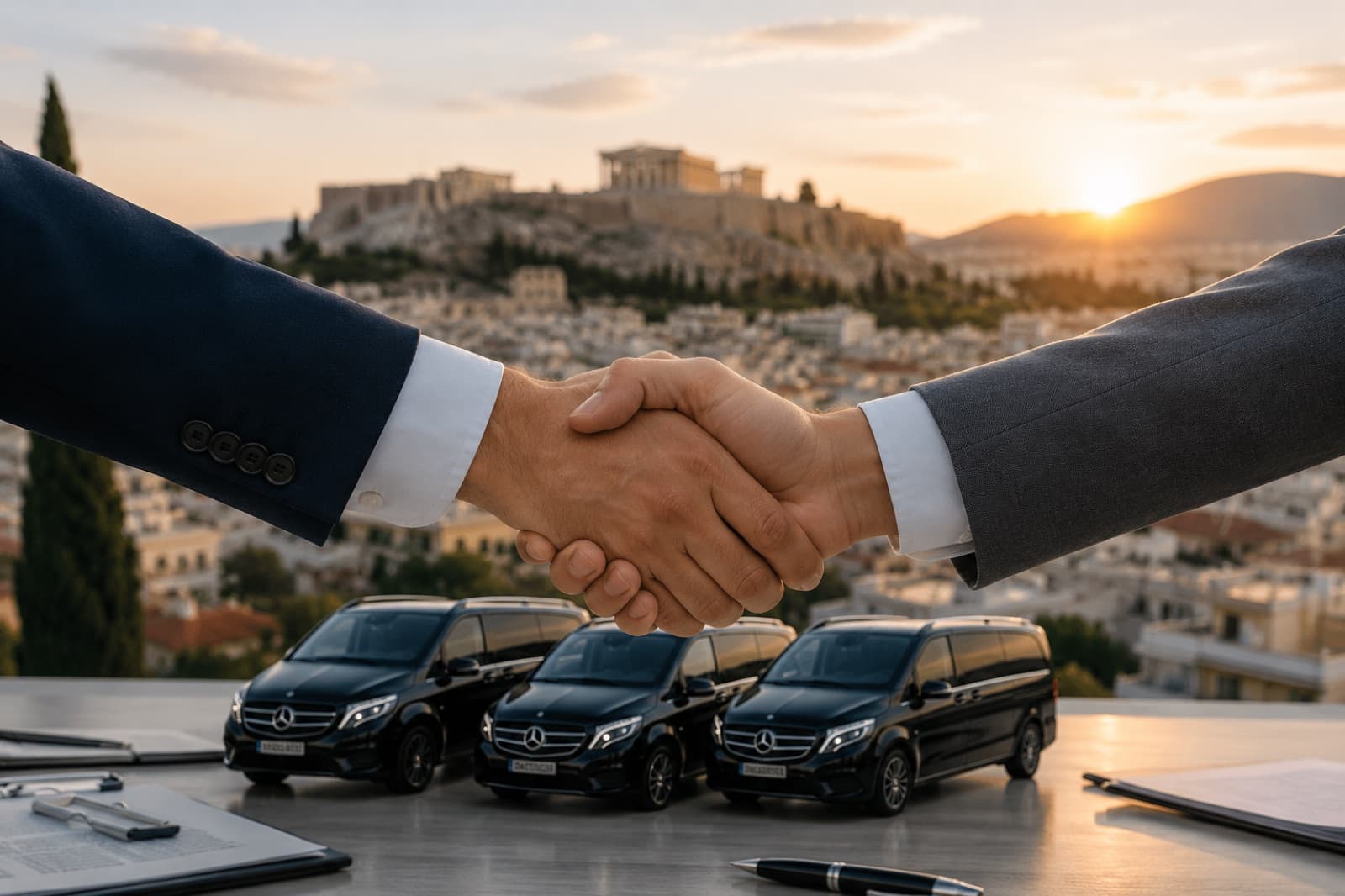 A business handshake in front of black Mercedes vans with the Acropolis at sunset