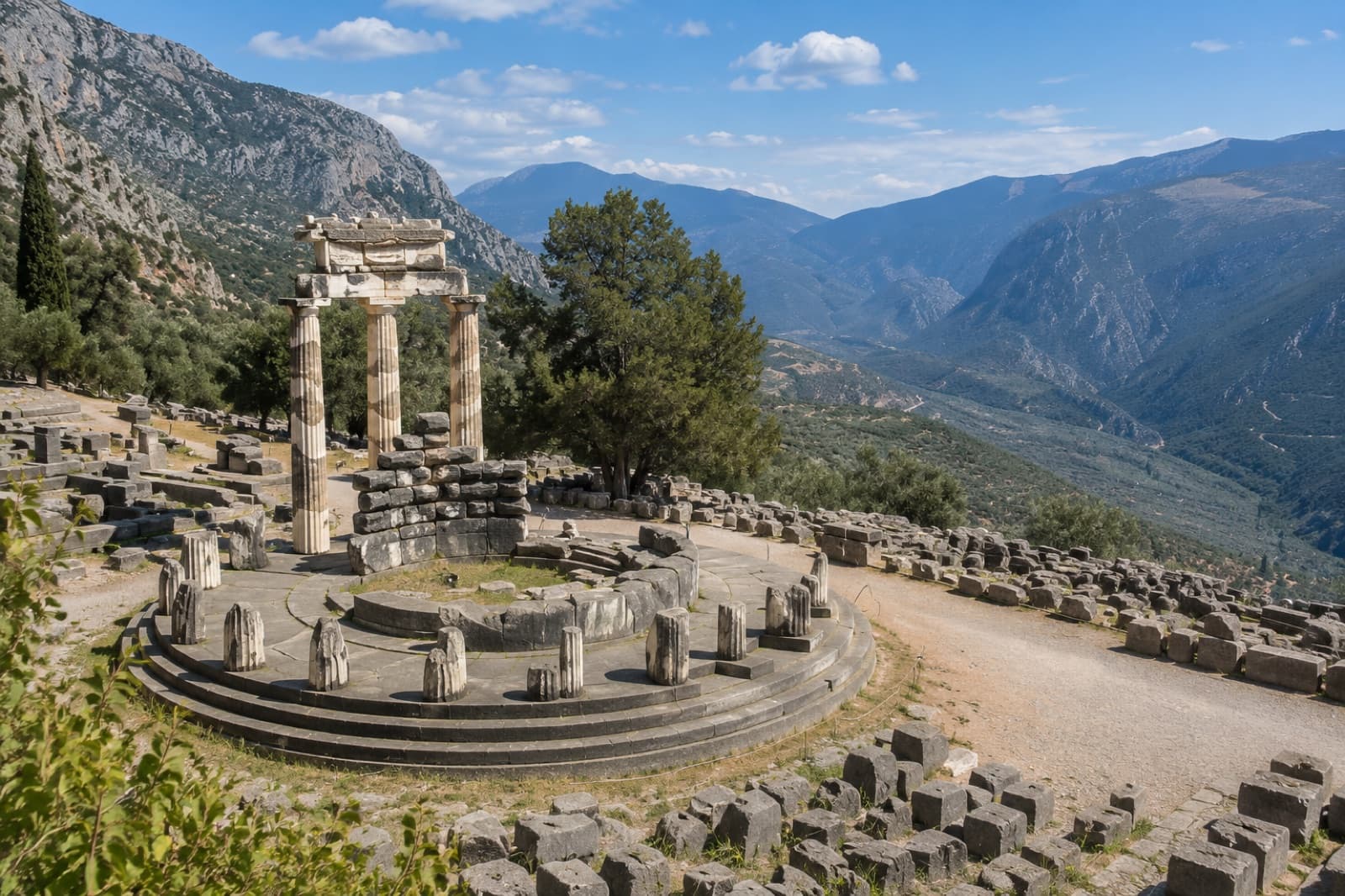The Tholos and ancient ruins of Delphi set against the mountains