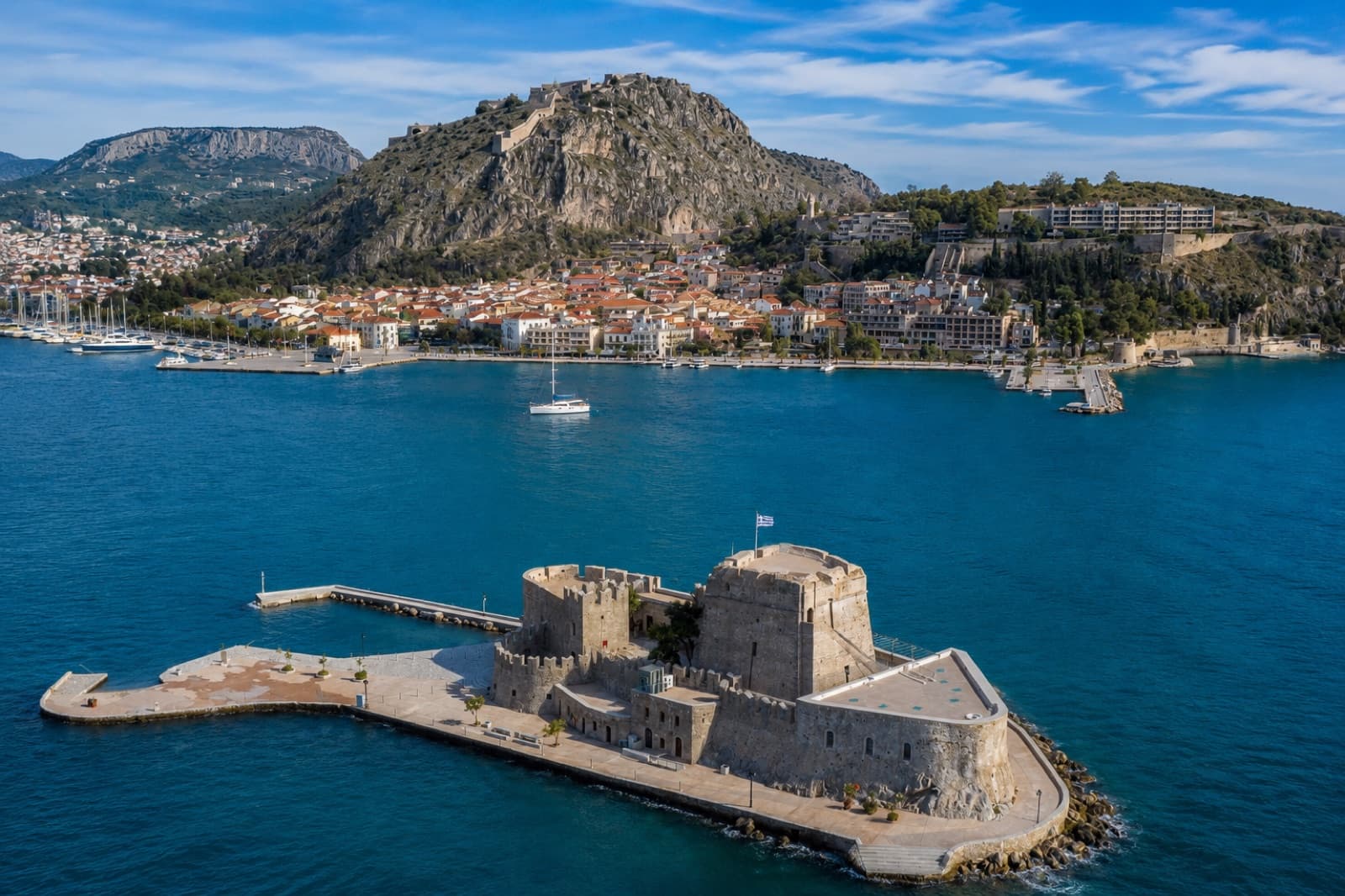 The seafront town of Nafplio with the Bourtzi fortress
