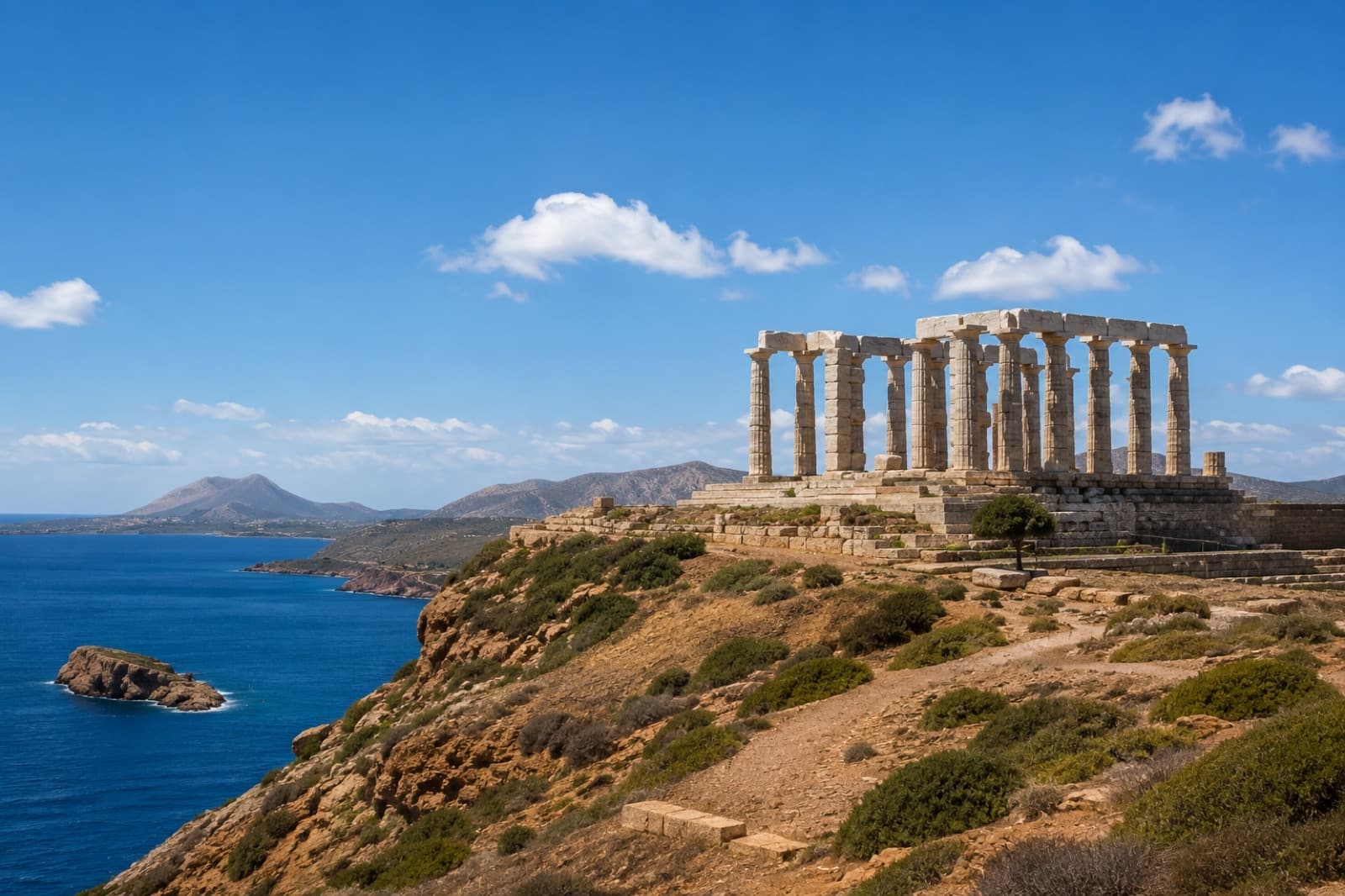 The Temple of Poseidon at Cape Sounion above the Aegean Sea