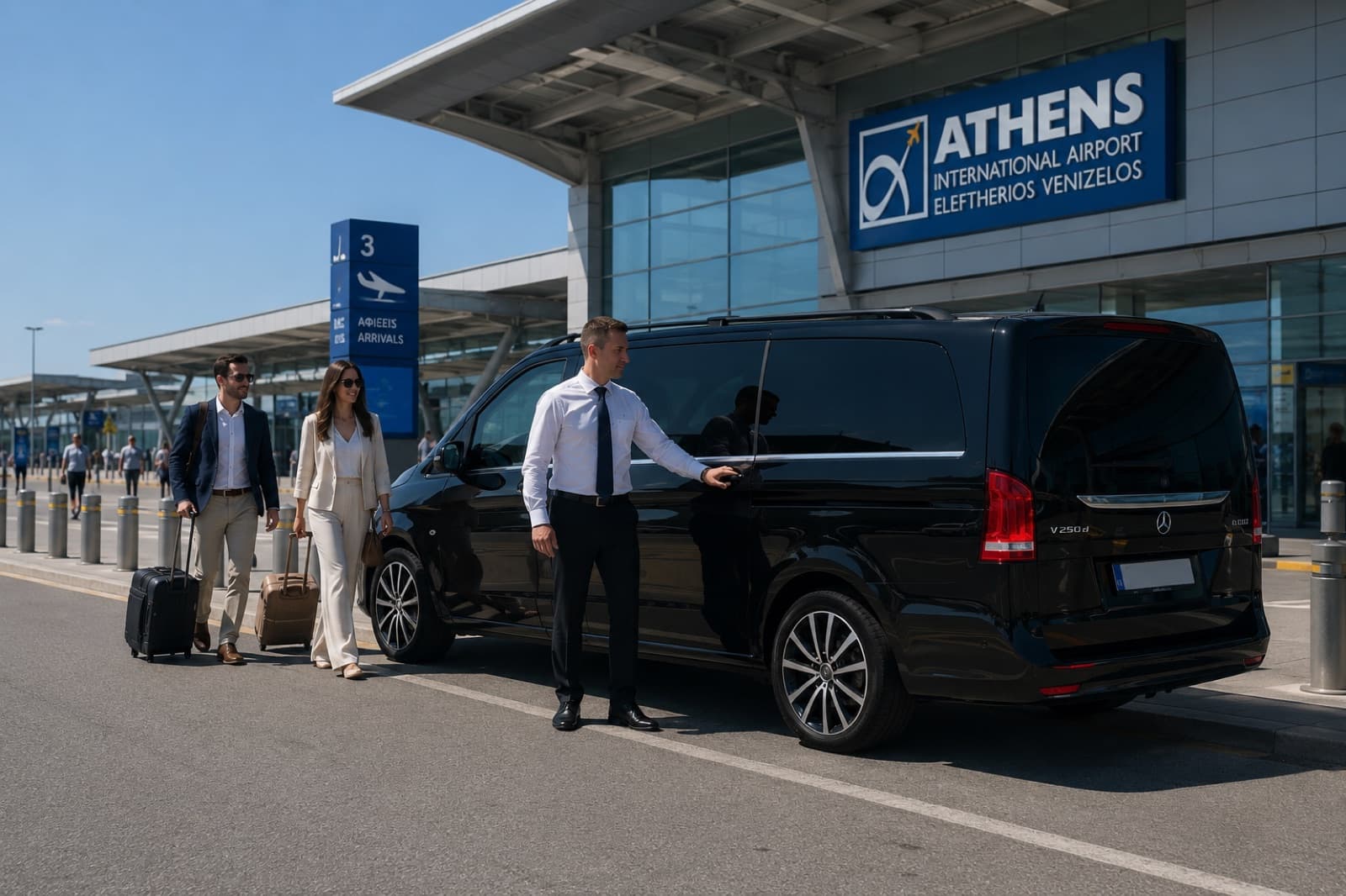 A chauffeur welcoming travellers beside a black Mercedes van at Athens International Airport