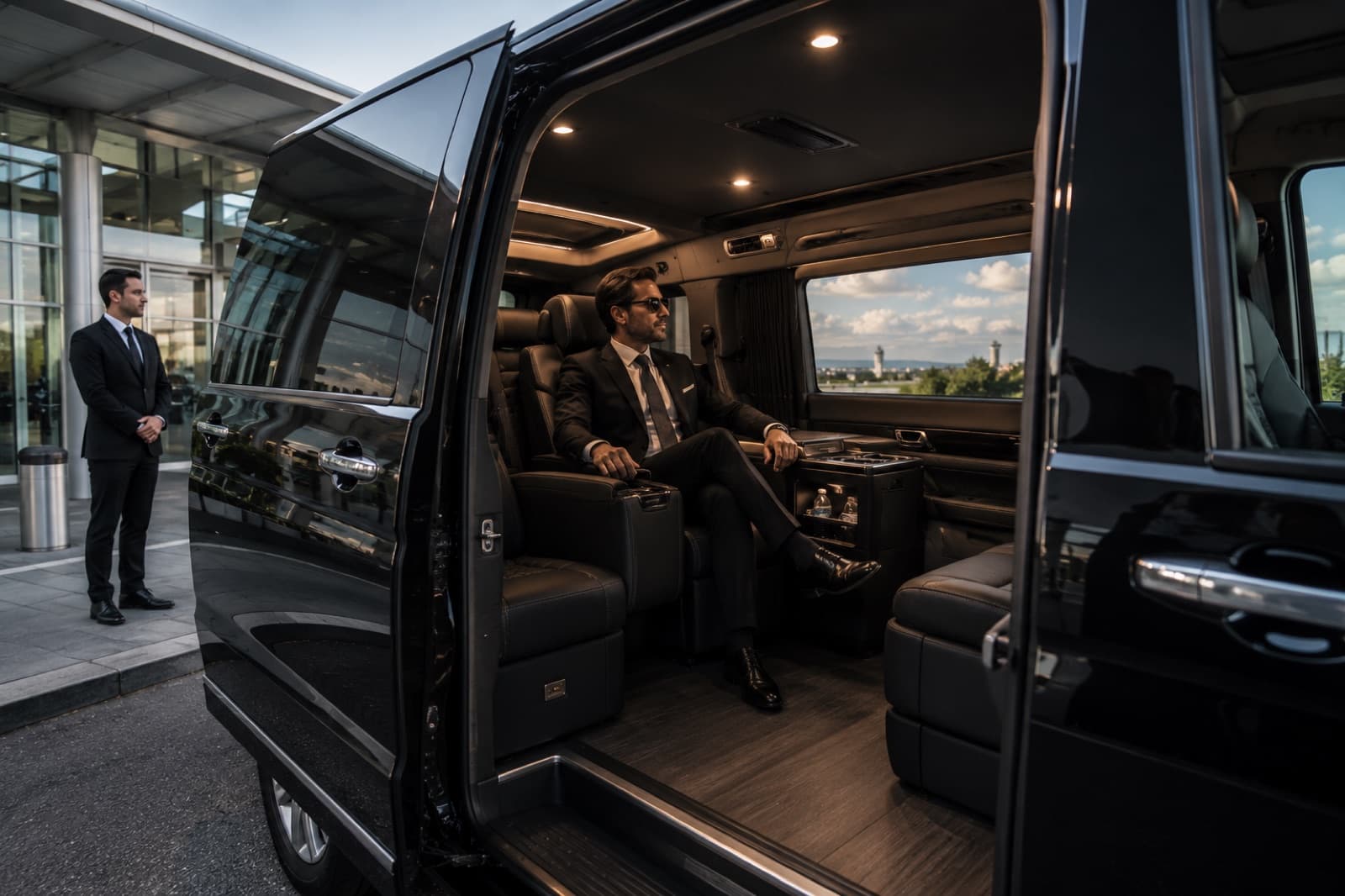 An executive seated in the luxurious cabin of a black Mercedes van, chauffeur waiting