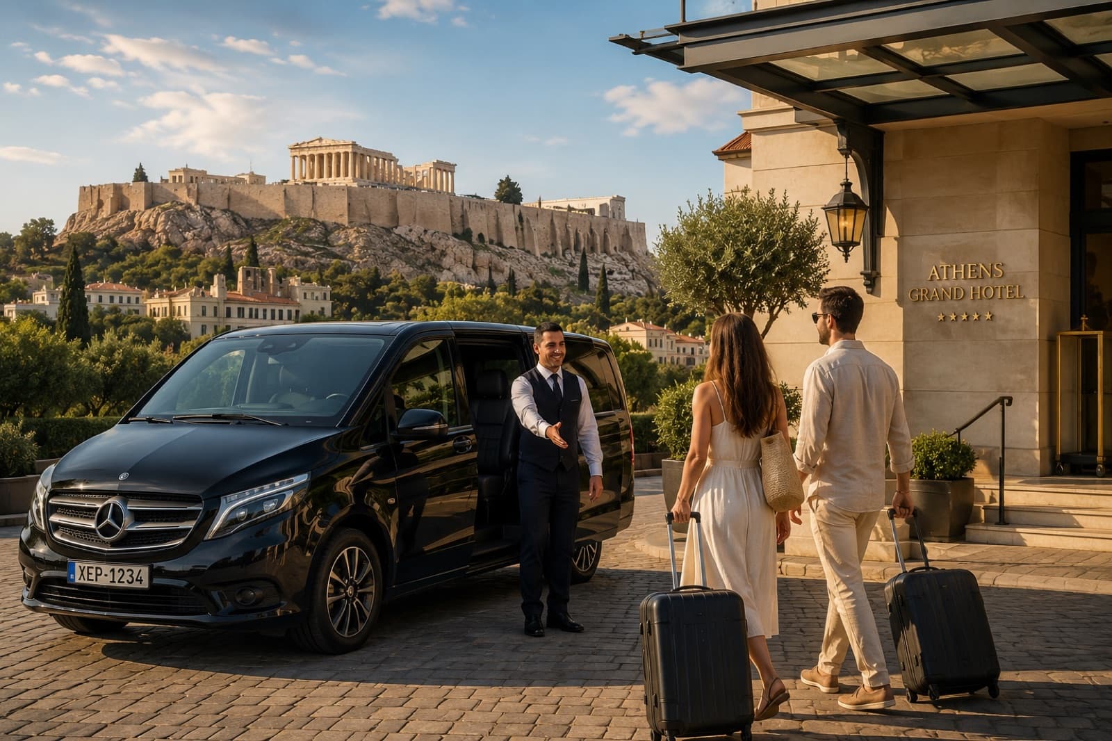 A chauffeur welcoming guests beside a black Mercedes van outside an Athens hotel