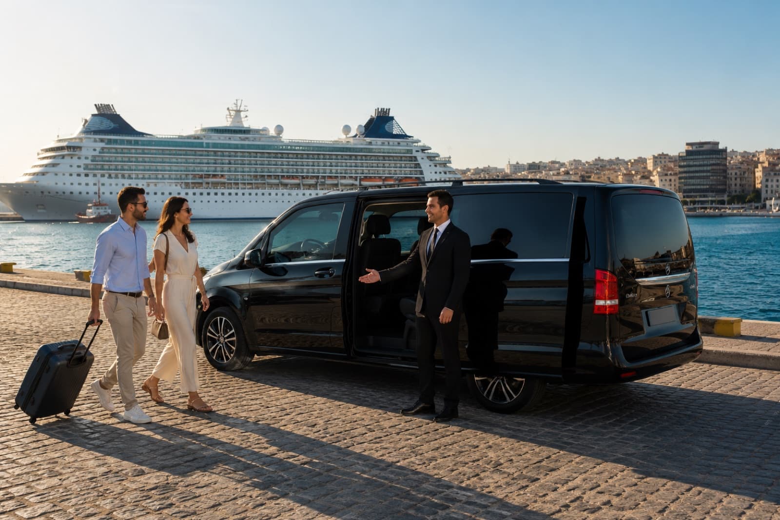 A chauffeur greeting travellers beside a black Mercedes van at the port, a cruise ship behind