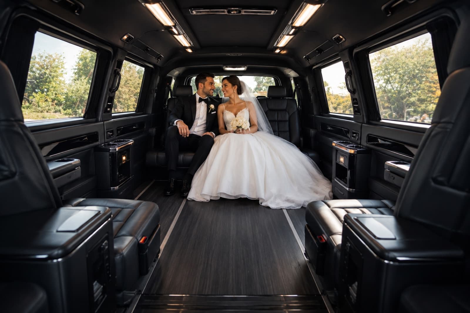 A bride and groom seated together in the luxurious cabin of a chauffeured Mercedes van